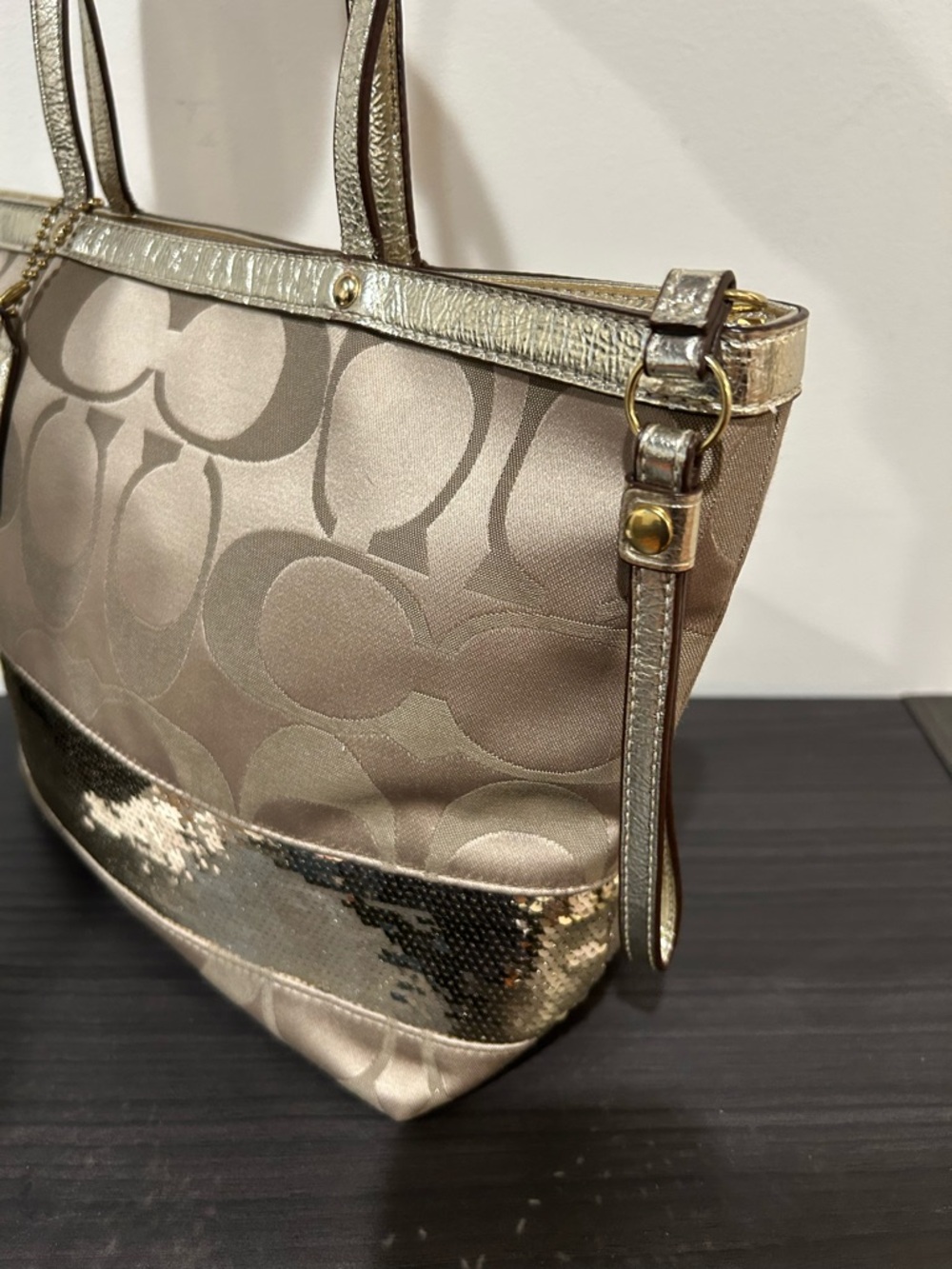 Coach Signature Stripe Tote Bag with metallic gold sequin accents EUC - Picture 11 of 13